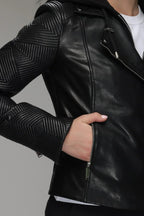 Biker Leather Jacket with Removable Hood