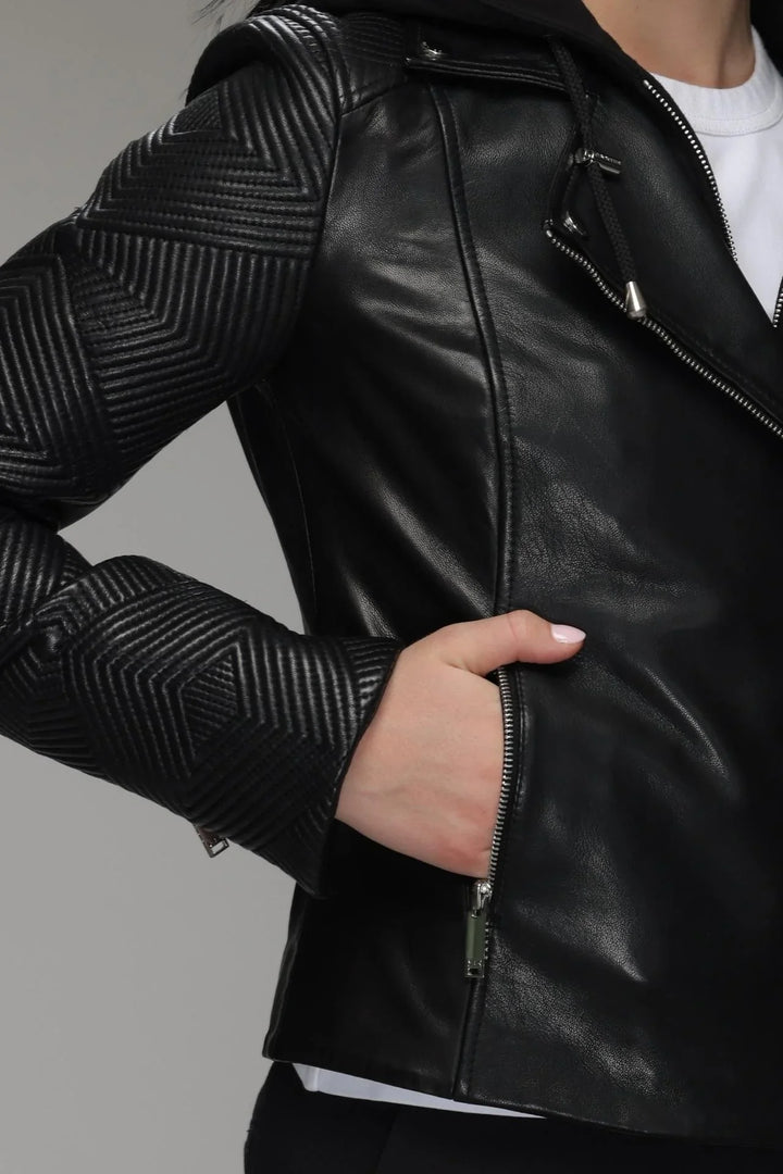 Biker Leather Jacket with Removable Hood