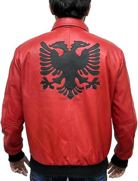 Mens Drakes Albanian Flag Red Leather Varsity Jacket