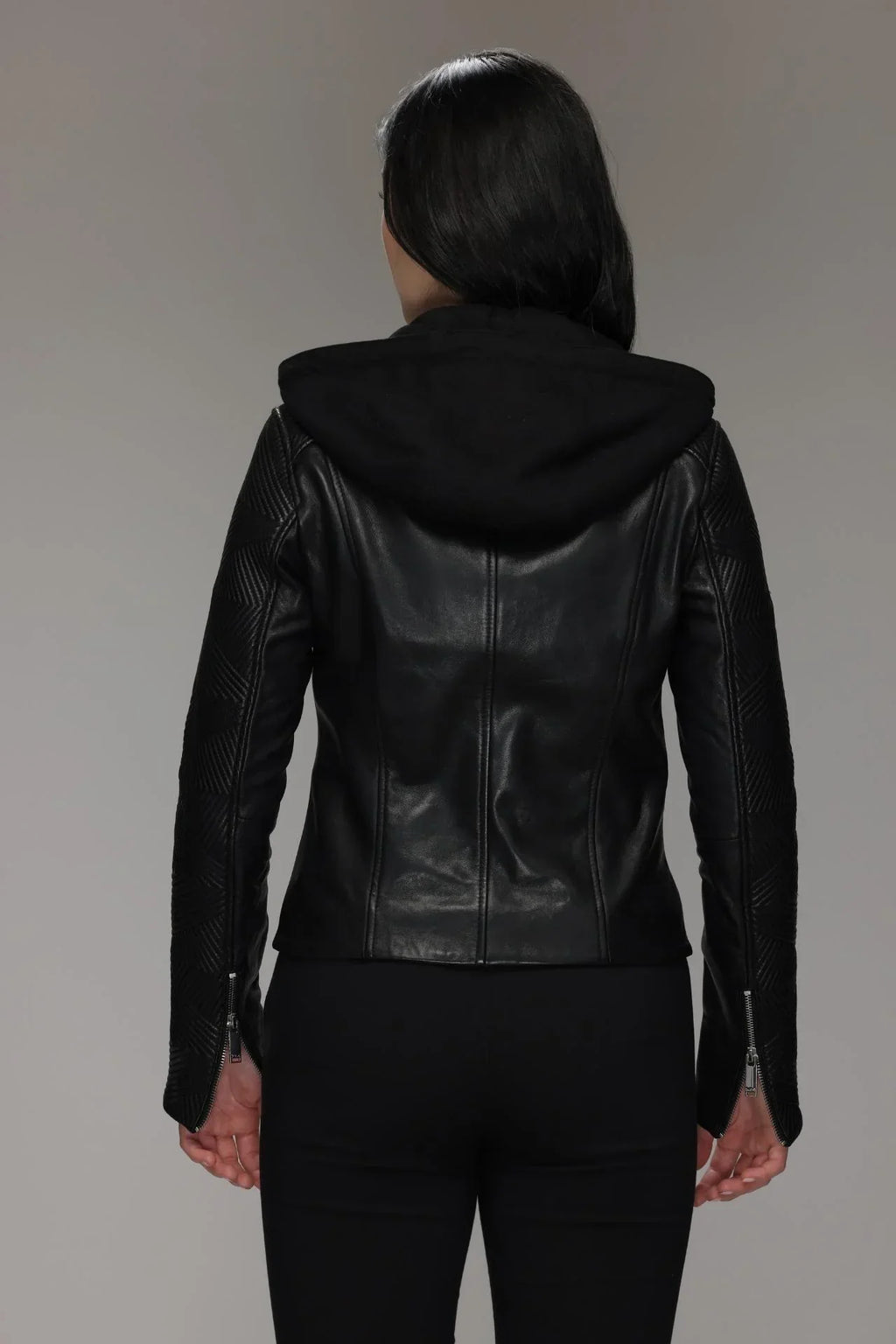 Biker Leather Jacket with Removable Hood