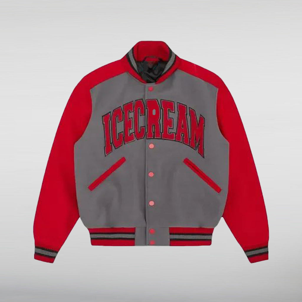 ICECREAM College Varsity Gray and Red Jacket HNA Leather