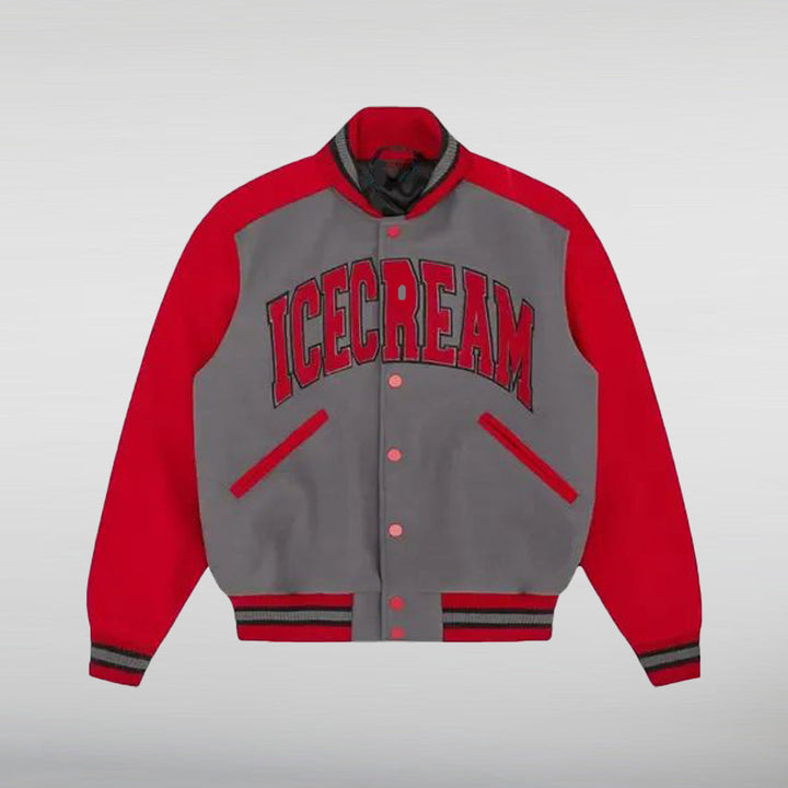 ICECREAM College Varsity Gray and Red Jacket HNA Leather