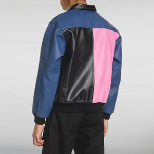 Justin Bieber Pink Black and Blue Bomber Leather Jacket HNA Leather