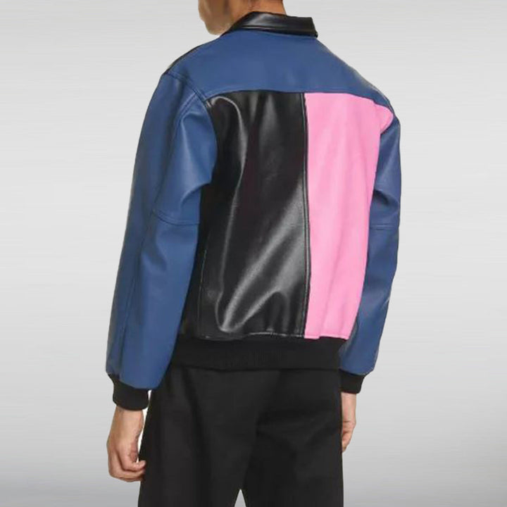 Justin Bieber Pink Black and Blue Bomber Leather Jacket HNA Leather