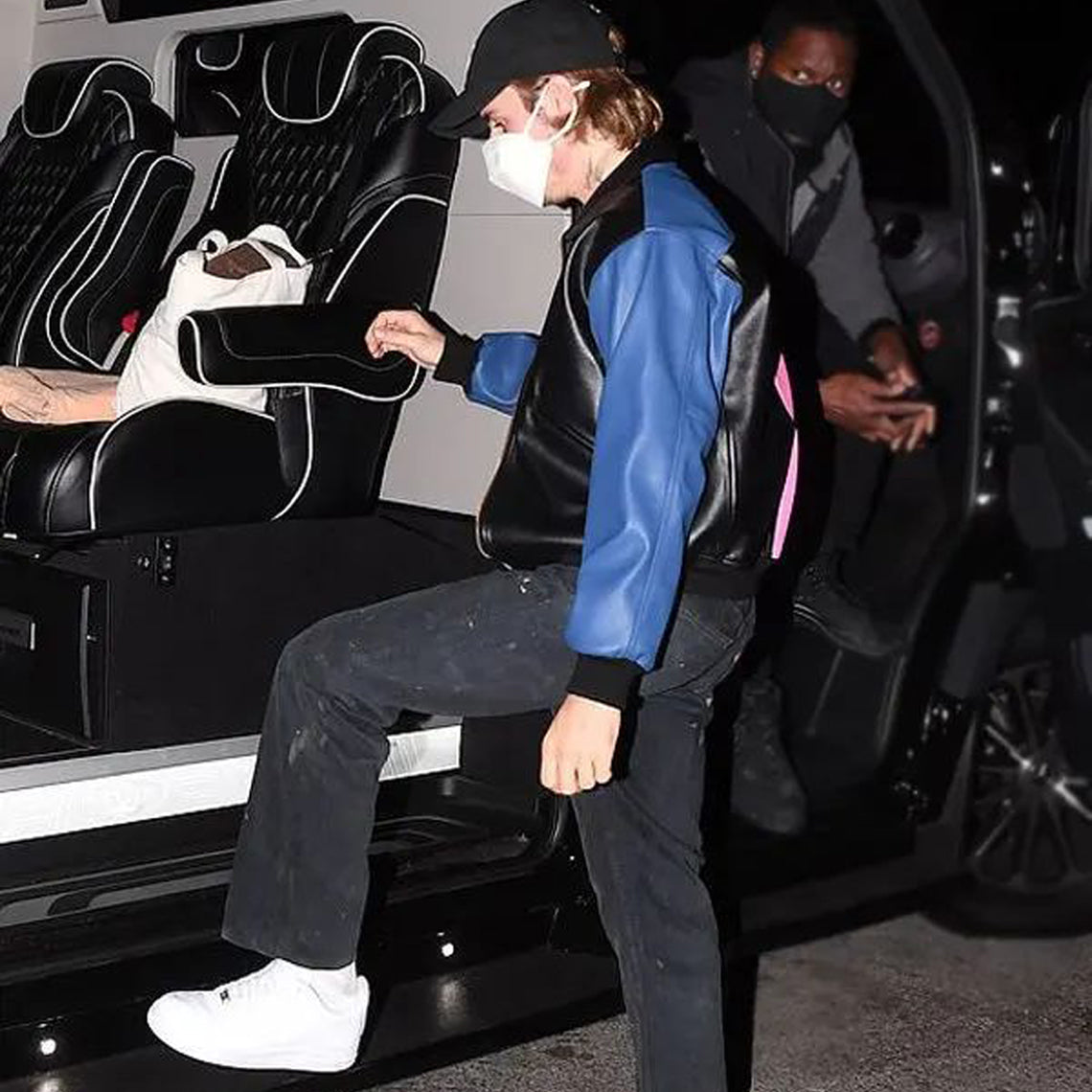 Justin Bieber Pink Black and Blue Bomber Leather Jacket HNA Leather