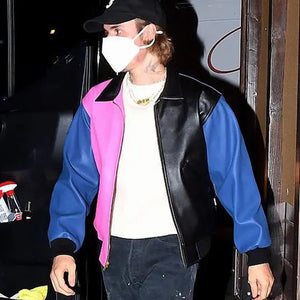 Justin Bieber Pink Black and Blue Bomber Leather Jacket HNA Leather