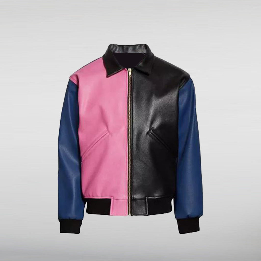 Justin Bieber Pink Black and Blue Bomber Leather Jacket HNA Leather