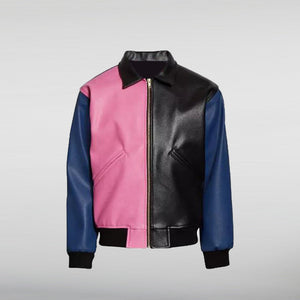 Justin Bieber Pink Black and Blue Bomber Leather Jacket HNA Leather