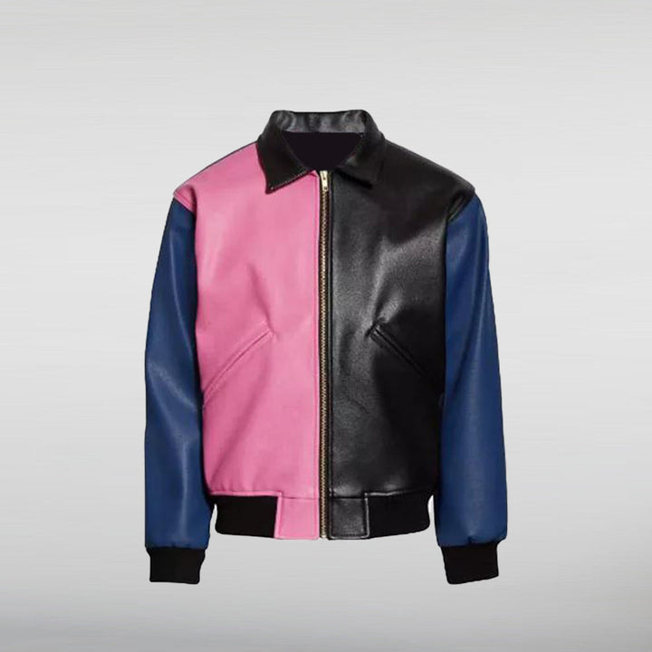 Justin Bieber Pink Black and Blue Bomber Leather Jacket HNA Leather