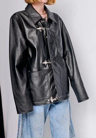 Black Leather Fireman Field Coat