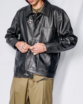 Black Leather Fireman Field Coat