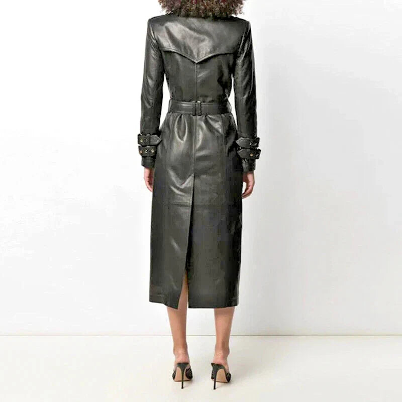 Genuine Lambskin Leather Trench Button Down Bleted Coat